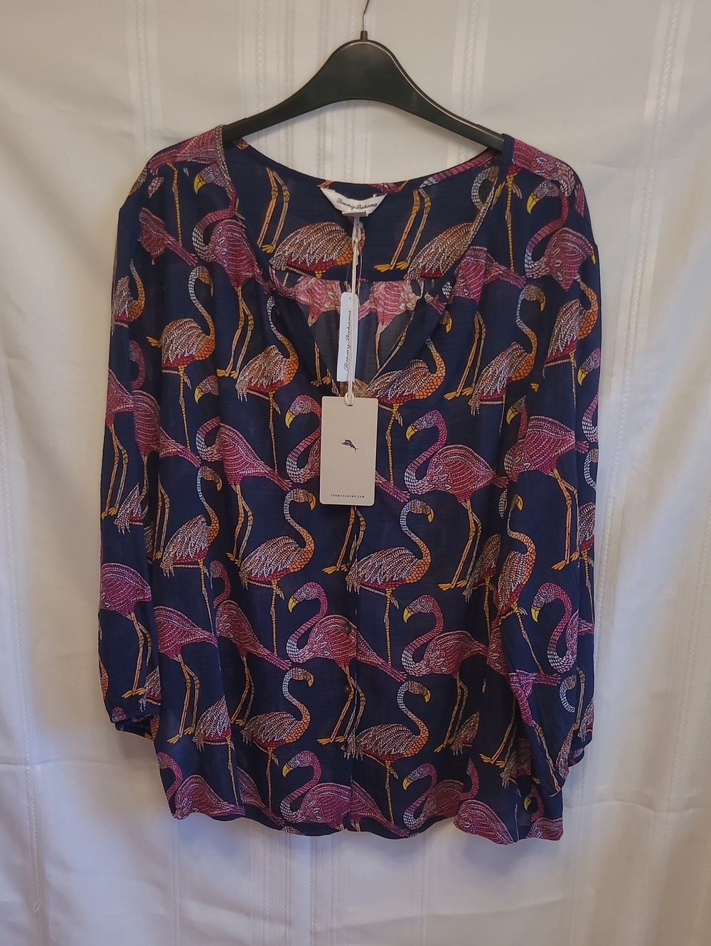 Tommy Bahama Navy Top with Pink & Yellow Flamingo Print - Size Large - NWT